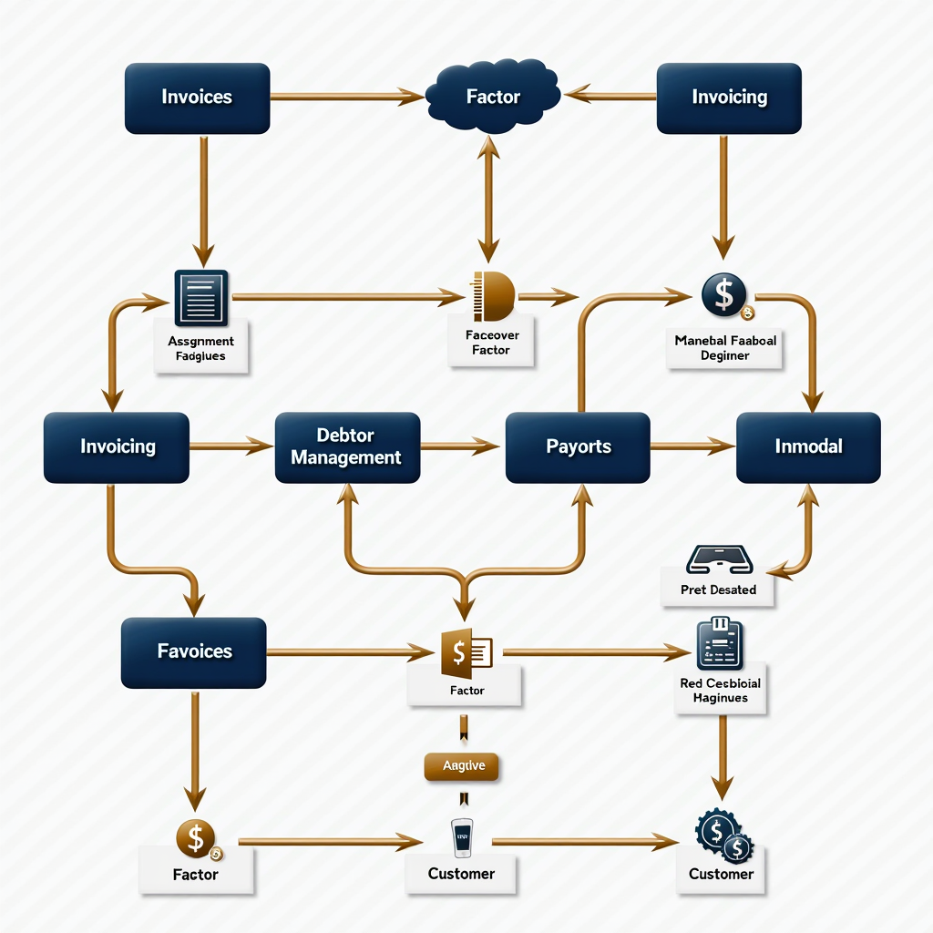 Detailliertes Flussdiagramm des Factoring-Prozesses zeigt die Schritte von der Rechnungsstellung über die Forderungsabtretung an den Factor bis zur Auszahlung und dem Debitorenmanagement. Das Diagramm illustriert die Interaktion zwischen Unternehmen, Factor und Kunde mit Pfeilen und Prozessschritten in professionellem Design mit den Farben Navy-Blau und Gold.