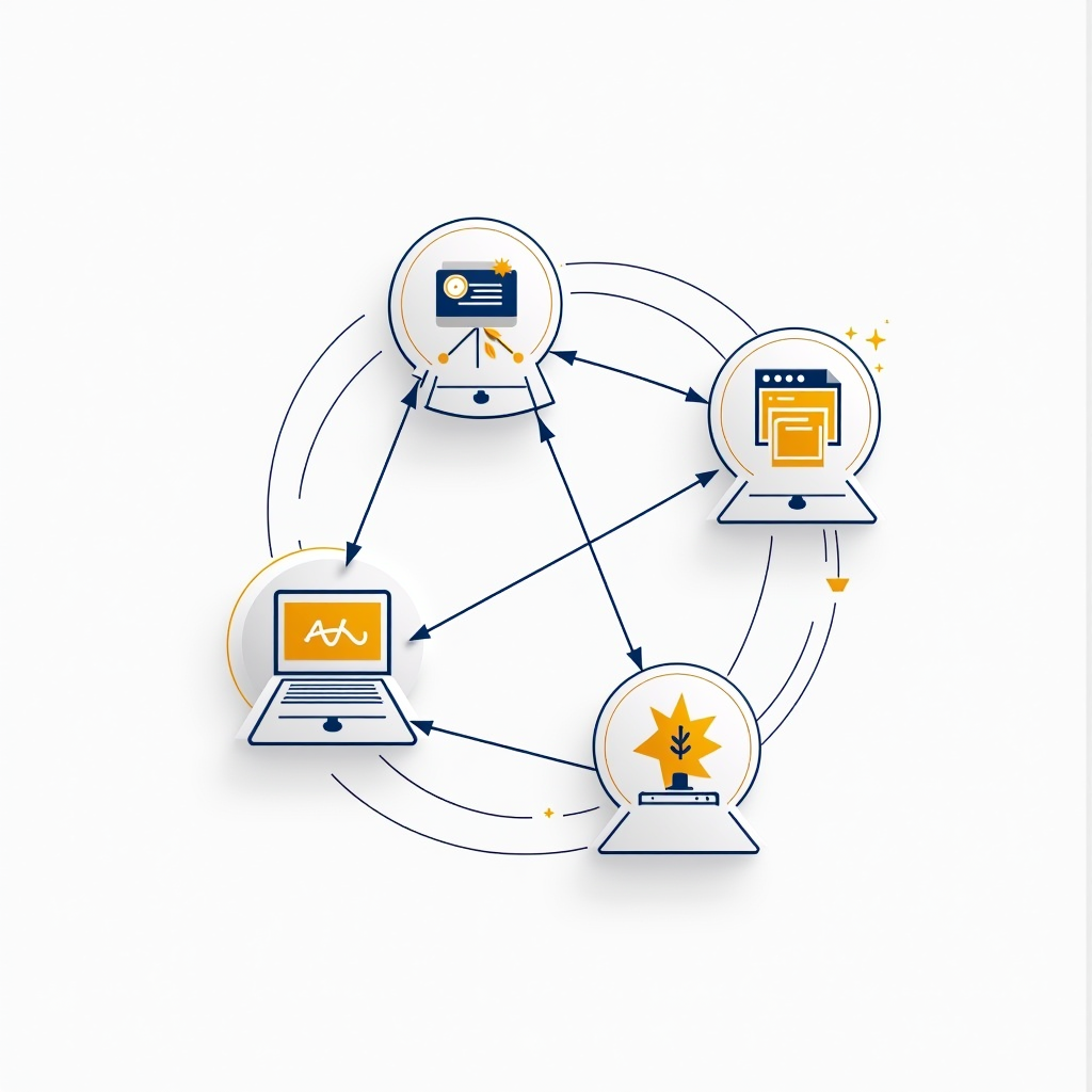 Infografik zeigt den digitalen Workflow in der Finanzbranche: Von der Online-Antragstellung über automatisierte Prüfung bis zur digitalen Vertragsunterzeichnung. Dargestellt sind verbundene Icons für Computer, KI-Analyse, Dokumentenprüfung und elektronische Signatur in den Unternehmensfarben Navy-Blau und Gold