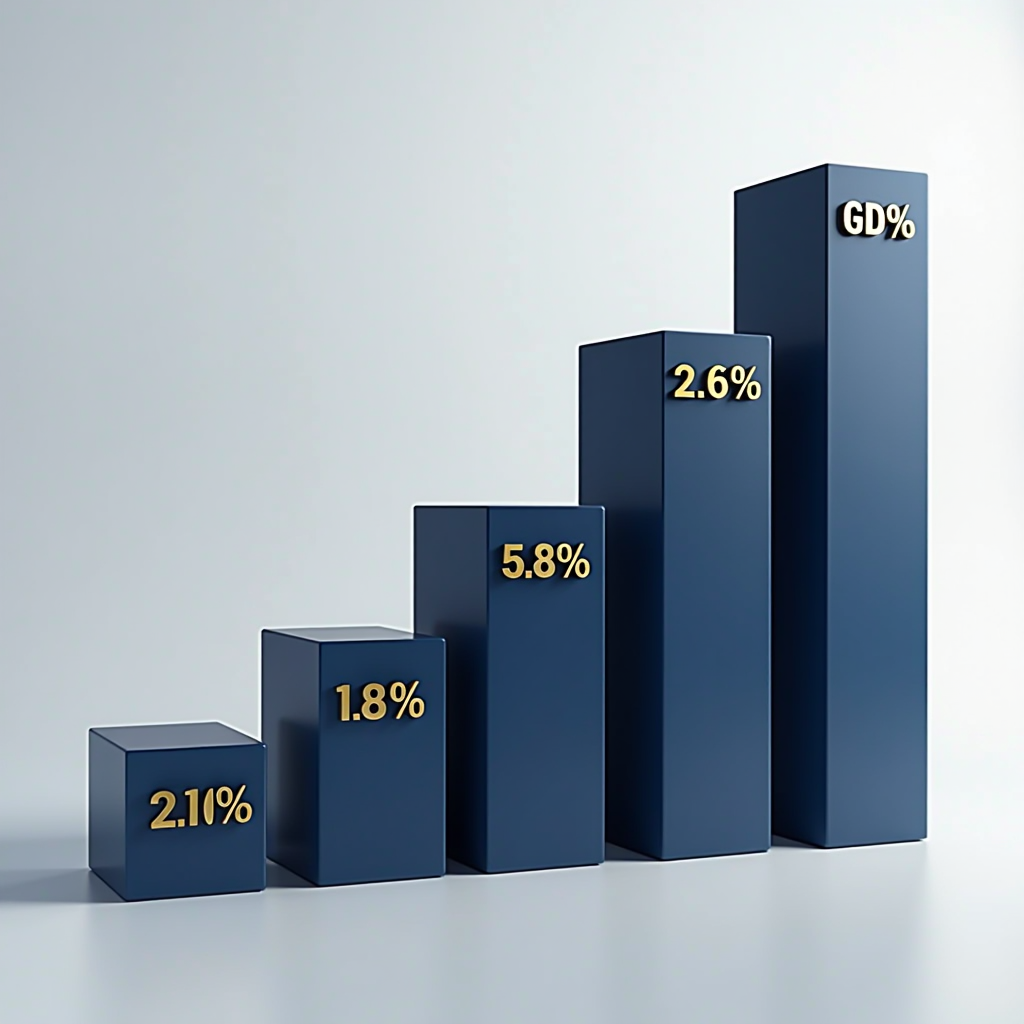 Balkendiagramm zur Wirtschaftsentwicklung 2025 in Deutschland und Europa, zeigt BIP-Wachstum von 1,2-1,5%, Investitionssteigerung von 2,8%, Arbeitslosenquote von 5,8% und Inflationsrate von 2,3%, dargestellt in professionellen Farben Navy-Blau und Gold