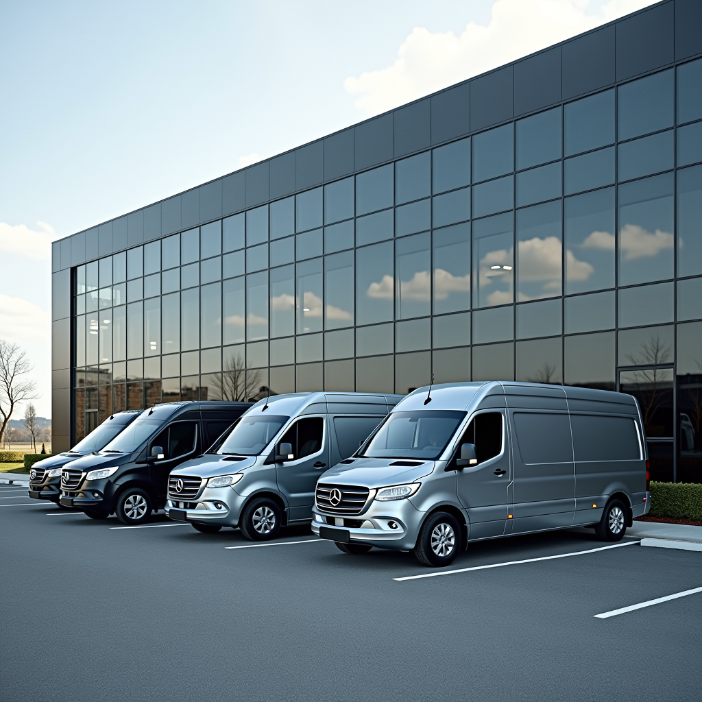 Moderne Firmenfahrzeuge auf einem Parkplatz vor einem Bürogebäude, professionelle Geschäftswagen, PKW und Transporter in verschiedenen Größen