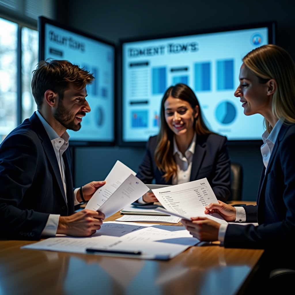 Professionelles Geschäftsteam analysiert Finanzunterlagen und Rechnungen in modernem Büro mit digitalen Anzeigen für Cashflow-Analysen