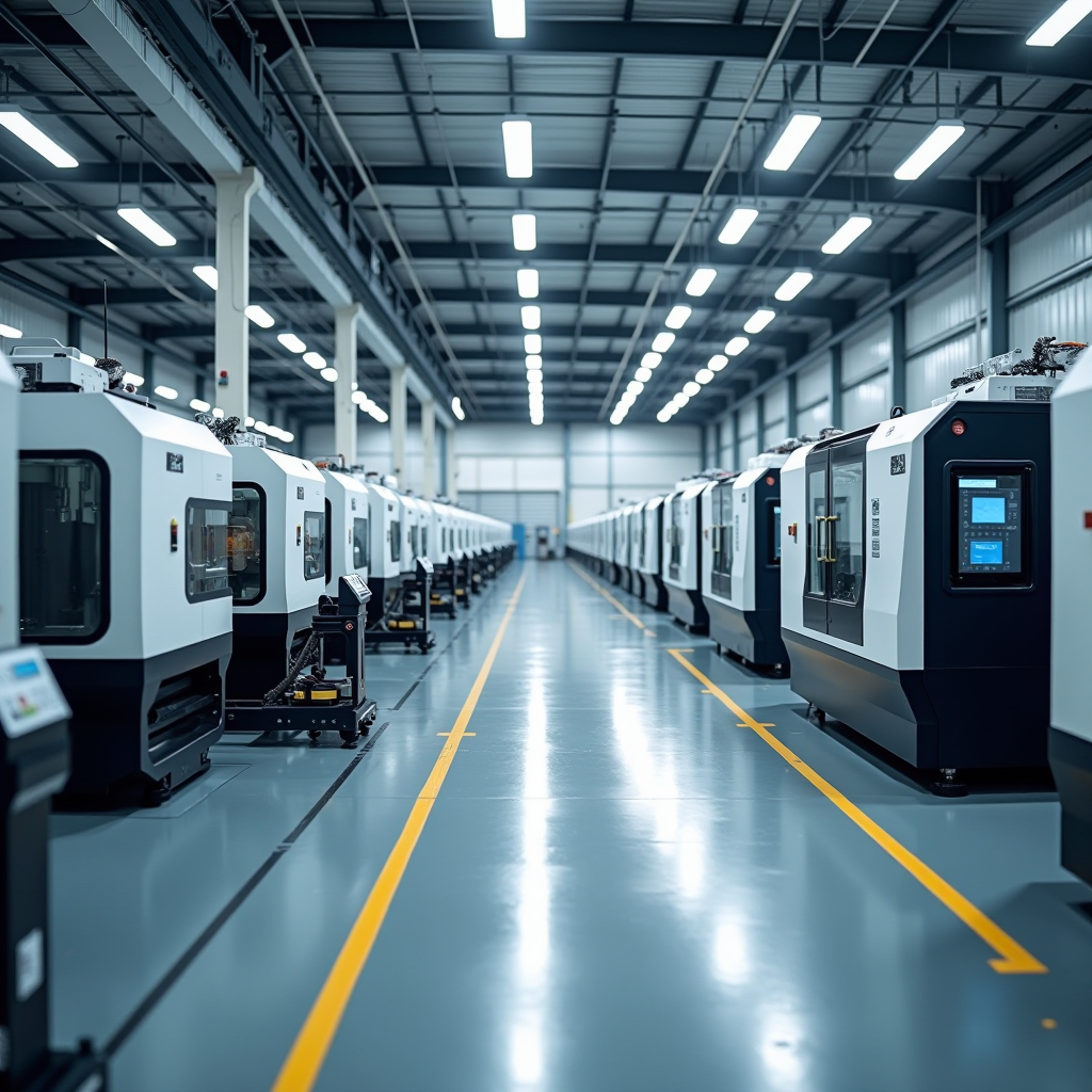 Moderne Produktionsanlage mit CNC-Maschinen und automatisierten Fertigungsstraßen in einer hellen Industriehalle